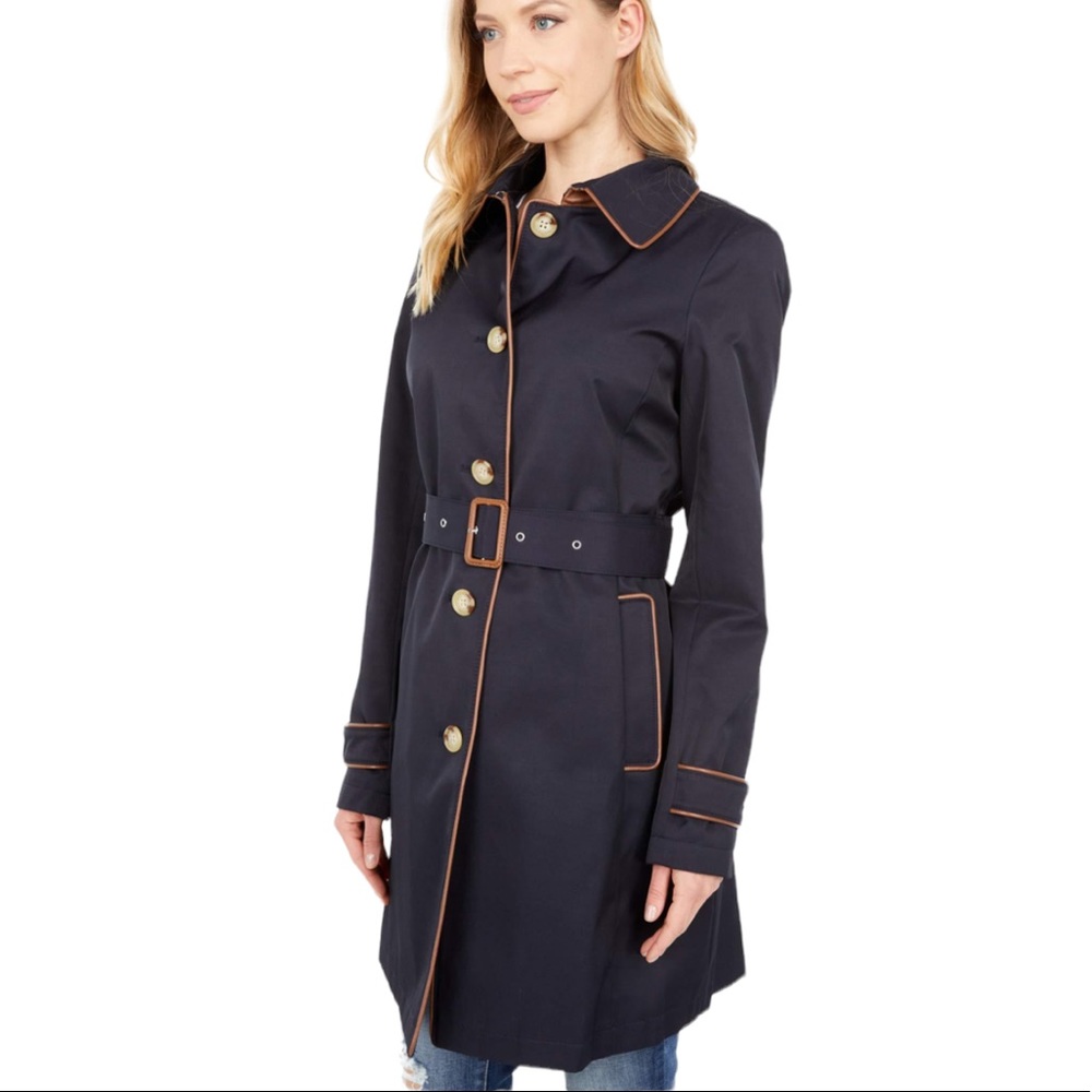 Lauren Ralph Lauren Trench Coat with Faux Leather Trim Navy 1X NWT - Picture 3 of 13